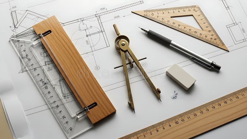 Bouwkundige tekening met tekenmaterialen op een architectenbureau